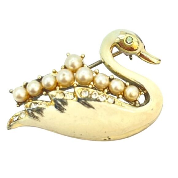 Vintage Coro Swan Brooch | Enamel Paint Rhinestone  Pearl Inlay Bird Pin Jewelry - Picture 1 of 13